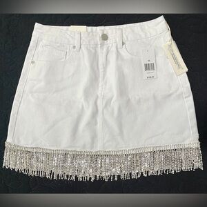 BlankNYC NWT White Denim Rhinestone Fringe Mini Skirt